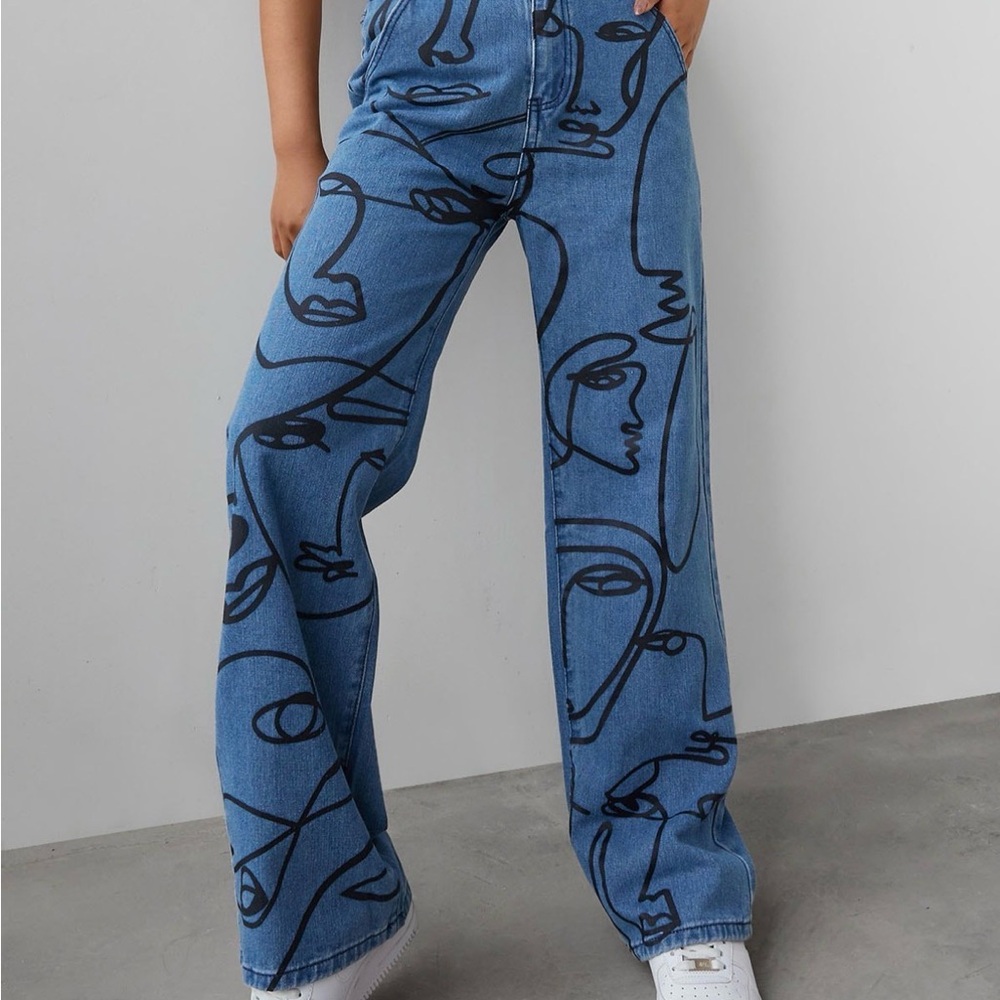 Emmiol Art Abstract Lines Drawing Boyfriend Blue Denim Jeans Size M